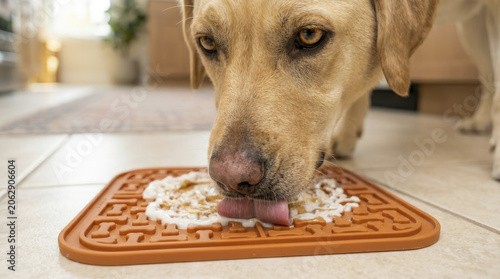 Focused yellow Labrador happily licking an orange enrichment mat, enjoying a calming, delicious treat.
