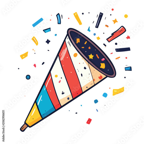 Colorful party popper illustration with confetti explosion.