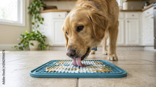 Golden Retriever enjoying a delicious treat on a blue lick mat, promoting calm and mental enrichment at home.