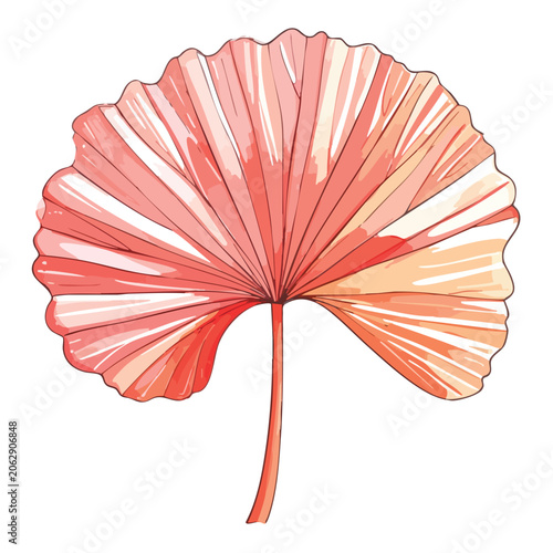 Watercolor illustration of a single tropical fan palm leaf in vibrant shades of coral and peach.