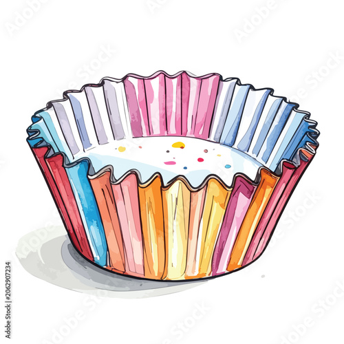 Watercolor illustration of a colorful empty cupcake liner.