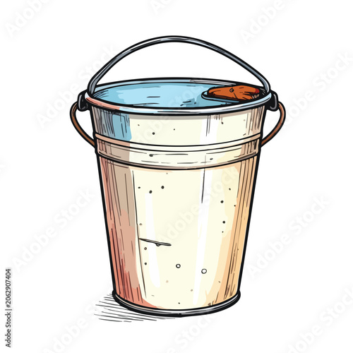 A detailed hand drawn illustration of a metal bucket filled with water.