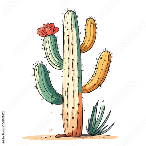 Watercolor illustration of a colorful saguaro cactus with a blooming red flower.