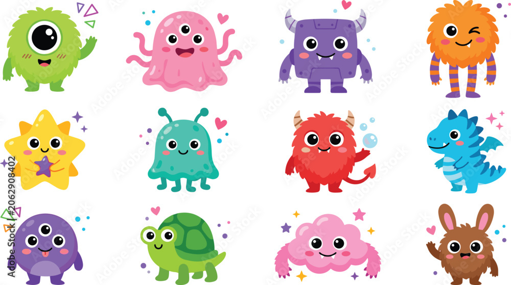 Fototapeta premium Cute Kawaii Monster Characters Collection Featuring Colorful Fantasy Creatures Alien Beings Baby Dragons and Adorable Cartoon Mascots