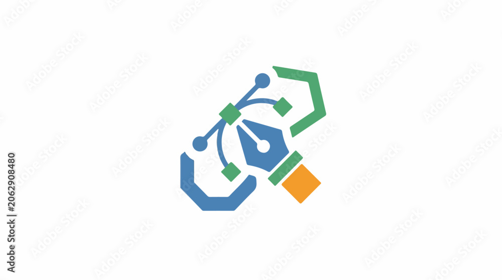 Fototapeta premium A stylized graphic of interconnected shapes and lines in blue, green, and orange