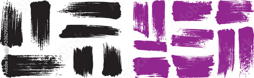 Quadro su tela Black and purple paint brush strokes vector set with textured grunge ink splatte