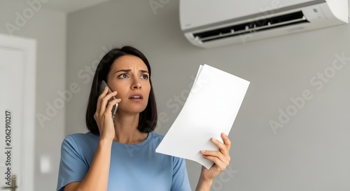 Frustrated woman calling for air conditioner repair service, holding documents and looking worried about broken AC unit.