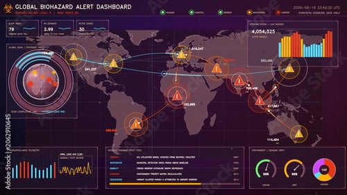Global biohazard alert dashboard animation featuring a world pathogen trace map and epidemic curve