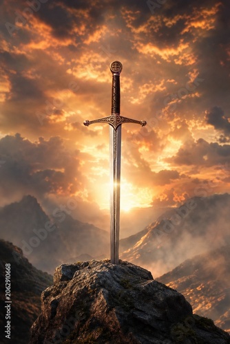 Knight's longsword thrust into craggy rock, dramatic sunset backlight, heroic.