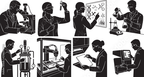 Foto Science Laboratory and Biotechnology Vector Icon Set Featuring Scientists Resear