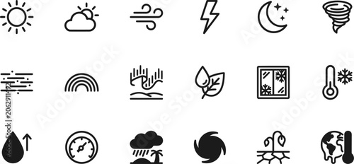 Weather Icons With Sun Clouds Wind Lightning Moon Tornado Rainbow Aurora Rain Snow Thermometer