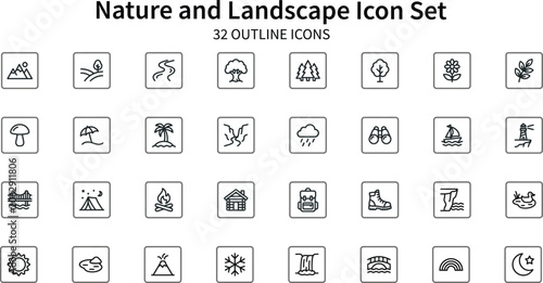 Nature and Landscape Outline Icons with Minimalist Style for Outdoor Adventure Themes