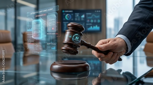 Legal professional striking wooden gavel with automated compliance audit and high risk AI governance hologram