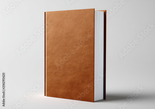 A blank, closed, hardback book with a textured brown cover stands upright
