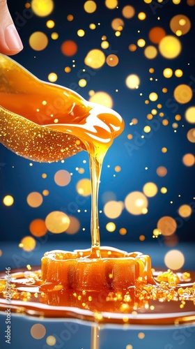 Luxurious Golden Honey Pouring with Sparkling Bokeh Background