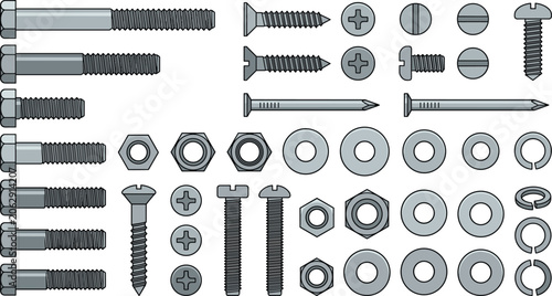 Photos Industrial Fasteners and Hardware Vector Icon Set with Hex Bolts Screws Nuts Was