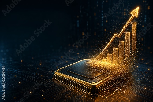 3D tech illustration of a semiconductor microchip with rising graphs dissolving into sand, depicting endless price surge and inflation uncertainty concept