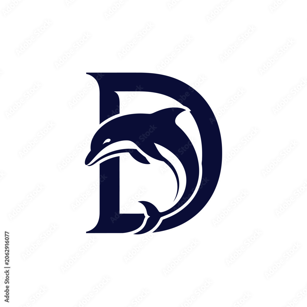Fototapeta premium Letter D logo design with a jumping dolphin silhouette.