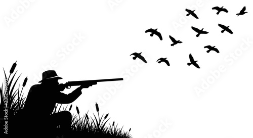 Tableau sur toile Hunter with Rifle Aims at Flock of Birds Flying Over Cattails and Grass