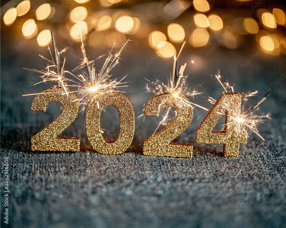 Fototapeta premium Sparkles And Golden Shiny Number 2024 Celebration Festive Concept Decoration On Dark Blurred Bokeh