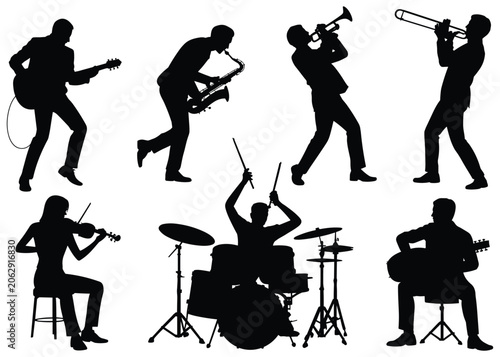 фотографія Musicians Playing Instruments Black Silhouette Against White Background