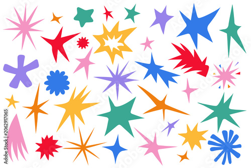 Incorrect collages of stars and sparkles pack with abstract retro cosmic icons for whimsical party branding layouts modern social media post overlays and decorative greeting card prints