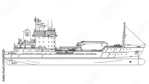 A 2D AutoCAD Vector illustration of a large ship docked at a harbor