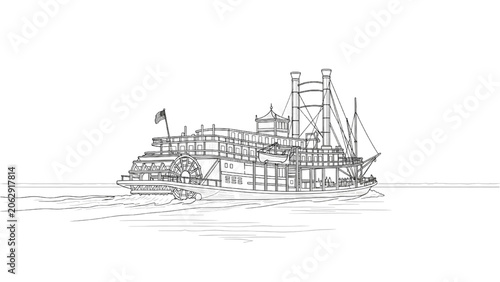 Photos 2D AutoCAD Vector illustration of a large ship sailing on calm waters near a doc