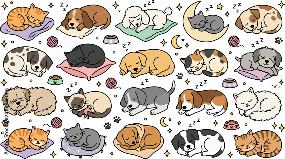 Fototapeta premium Cute Sleeping Cats and Dogs Seamless Pattern Featuring Adorable Pets Resting on Cushions Cozy Animal Background Design