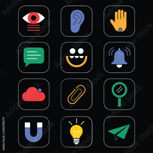 Modern Colorful Essential UI/UX Icon Set Vector Illustration on Dark Background