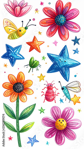 Bunte Kinderillustration mit Marienkäfer, Schmetterling und Blumen