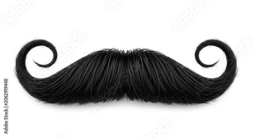 A black handlebar mustache is displayed against a transparent background. The mustache has swirling, curled ends.