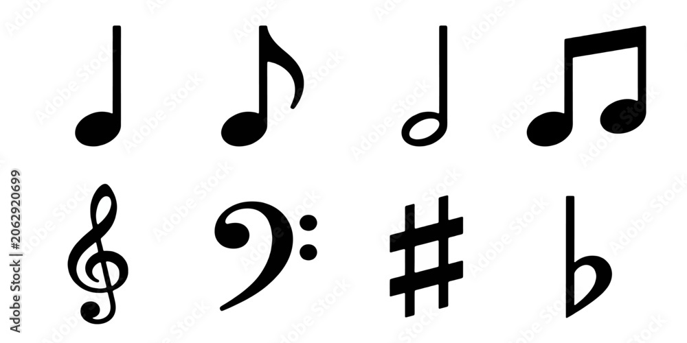 Fototapeta premium Music Notes and Musical Symbols Icon Set. Black Glyph Vector Collection Isolated on White Background