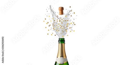 Sparkling champagne bottle erupting, with water, cork, and stars against white background