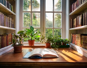 home library window with books and potted plants zoom virtual meetings backgrounds backdrop