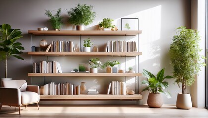elegant bookshelf with neutral decor and greenery perfect for modern interior design inspiration zoom virtual background virtual meeting cozy interior backdrop stylish living room design
