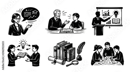 Set of illustrations depicting education and business concepts.