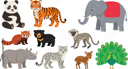 Photography Exotic Wildlife Cartoon Collection Featuring Panda Tiger Elephant Red Panda Blac