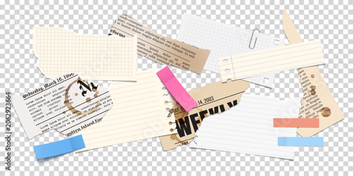 Trendy vector paper elements for collage design. A set of cut outnotebook sheet, torn newspaper, sticker, paper clip and adhesive tape.