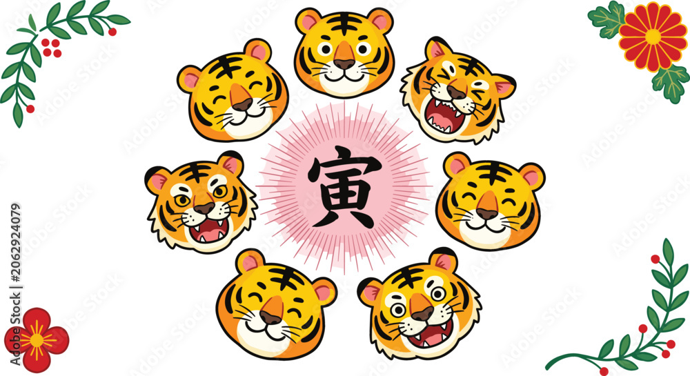 Fototapeta premium Cute Chinese New Year Tiger Avatars Set with Traditional Kanji Calligraphy Character and Floral Ornaments Vector Illustration for Year of the Tiger Designs