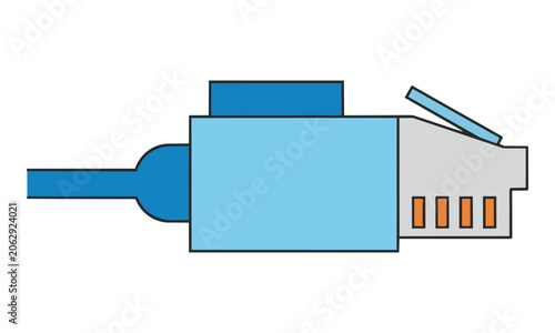 Side profile view of a minimalist rj45 ethernet network connector icon with flat design and clean outlines on white background. Network connectivity concept