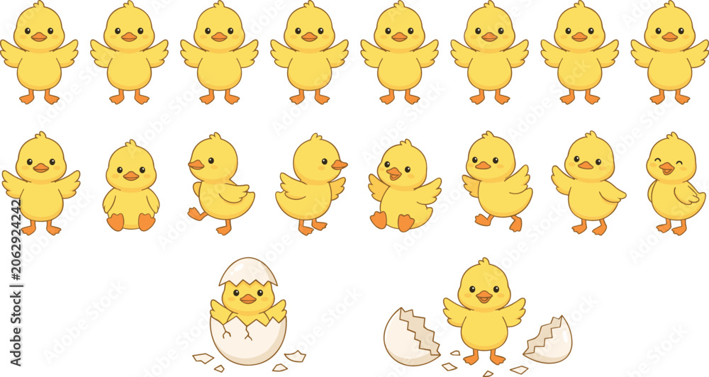 Fototapeta premium Cute Cartoon Yellow Chick Poses Set with Little Baby Newborn Birds Hatching From Egg Shell Vector Illustration for Easter and Kids Designs