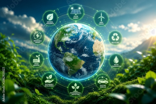 Earth globe surrounded by renewable energy icons, sustainability and environmental protection concept, highly detailed commercial illustration