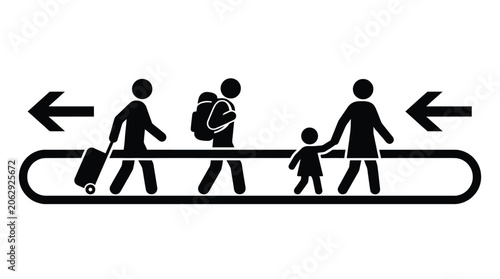 Minimalist vector illustration of travelers with luggage and children moving on an airport walkway sign