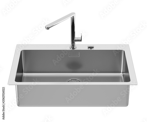 A high-quality 3D render of a professional stainless steel single-bowl kitchen sink with a modern chrome faucet, isolated on a white background, ideal for contemporary interior design and architectura
