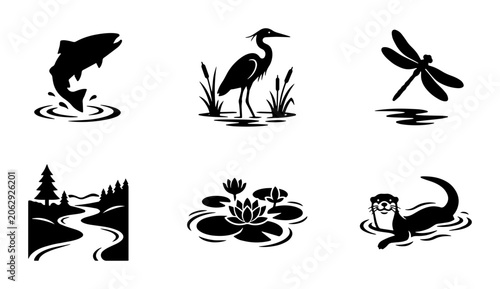 Εκτύπωση καμβά Nature Icons Set: Wildlife, Water Plants, River Landscape, Dragonfly, Fish, Hero