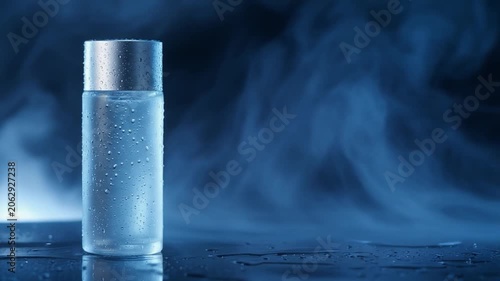 Minimalist cosmetic skincare bottle surrounded by atmospheric blue mist, showcasing premium beauty, hydration, wellness, and luxury product branding.