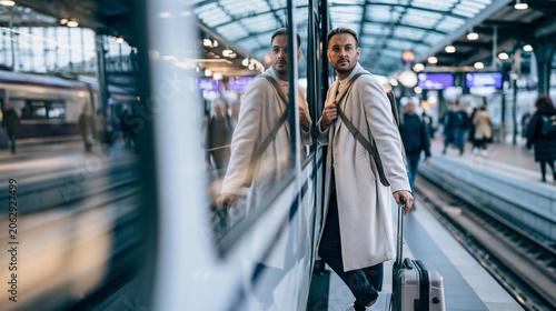 Man with backpack and rolling suitcase standing on a train station platform, preparing for travel