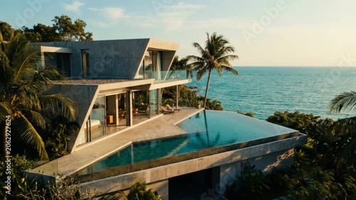 Luxury modern beachfront villa with infinity pool overlooking the ocean at sunset, showcasing exclusive architecture, tropical lifestyle, and premium coastal real estate.