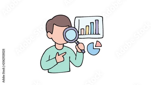 Businessman analyzing financial data charts with magnifying glass